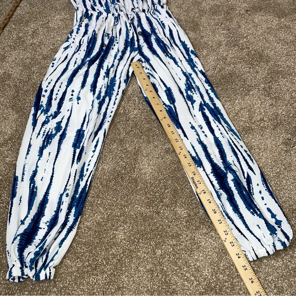 Solitaire Swim jumpsuit blue white tie dyed romper strapless elastic ankle SZ M - Picture 3 of 10
